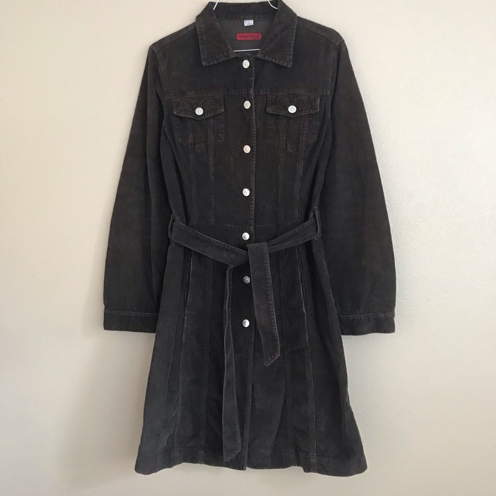 VITAMINA Brown Belted Corduroy Shirt Dress